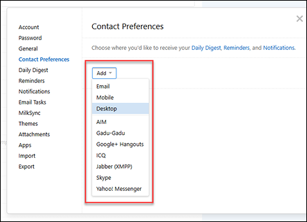 Screenshot of the add dropdown in the contact preferences dialog.